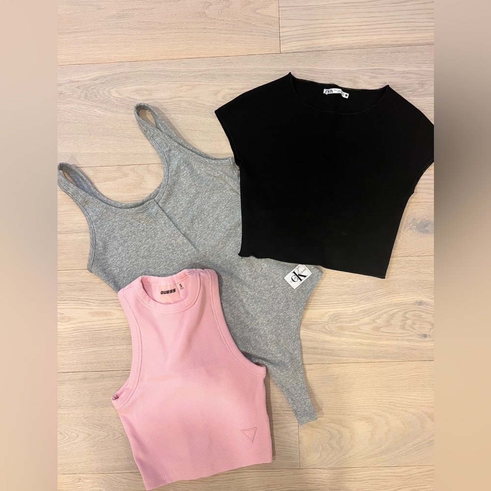 Guess Pink, Gray CK, and Zara Black Tops